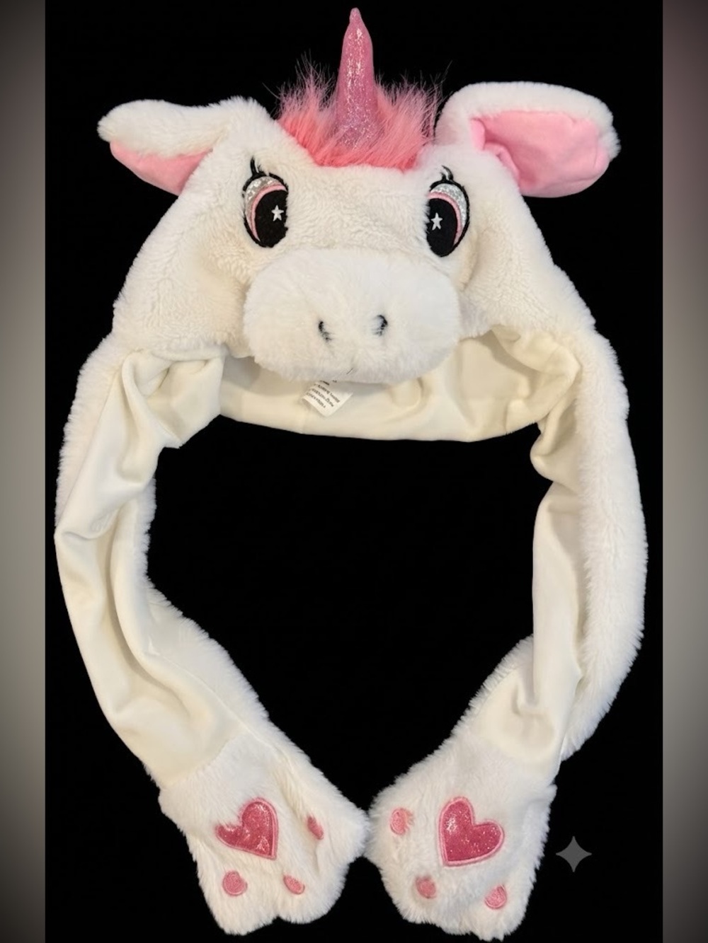 Plush Unicorn Hat with Moving Ears, Pink Horn & Hearts